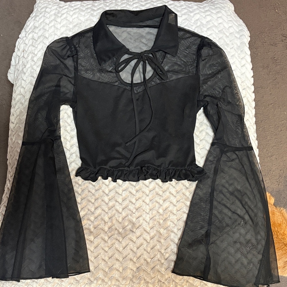 ROMWE Black Sheer Blouse with Tie Front